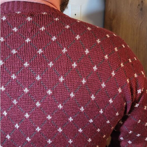 Vintage 80s Mens Maroon Diamond Sweater Sz Medium Elbow Patches Grandpacore - Picture 7 of 10
